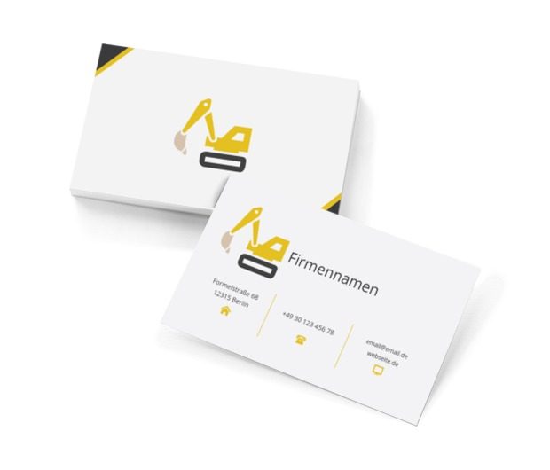 Gelber Exkavator auf einem weißen Hintergrund, Bauwesen, Vermietung von Ausrüstungen - Visitenkarten Netprint Online Vorlagen