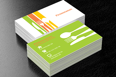 Weißes Essbesteck, bunte Streifen, Gastronomie, Catering - Visitenkarten Netprint