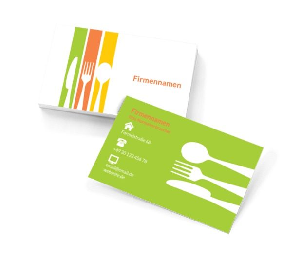 Weißes Essbesteck, bunte Streifen, Gastronomie, Catering - Visitenkarten Netprint Online Vorlagen