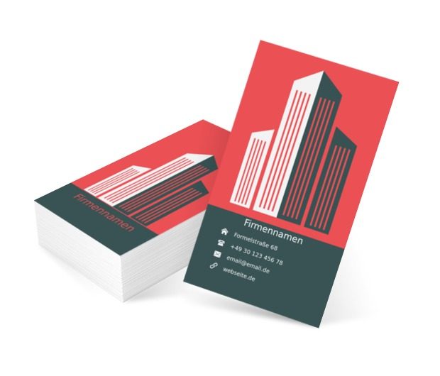 Wolkenkratzer auf rotem Grund, Immobilien, Vermietung von Wohnungen - Visitenkarten Netprint Online Vorlagen