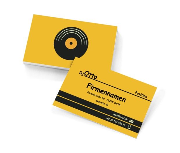 Vinyl-Schallplatte auf einem gelben Hintergrund, Unterhaltung, DJ - Visitenkarten Netprint Online Vorlagen