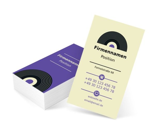 Vinyl-Schallplatte auf einem lila Hintergrund, Unterhaltung, Musikgeschäft - Visitenkarten Netprint Online Vorlagen