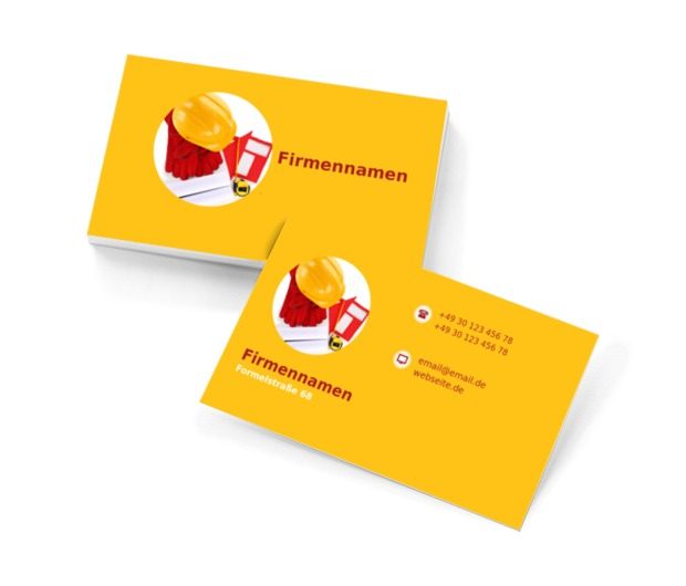 Helm und Handschuhe auf einem gelben Hintergrund, Bauwesen, Baufirma - Visitenkarten Netprint Online Vorlagen