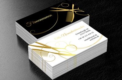 Goldene Schere in einem eleganten Etui, Gesundheit und Schönheit, Friseursalon - Visitenkarten Netprint