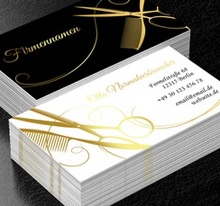 Goldene Schere in einem eleganten Etui, Gesundheit und Schönheit, Friseursalon - Visitenkarten Netprint