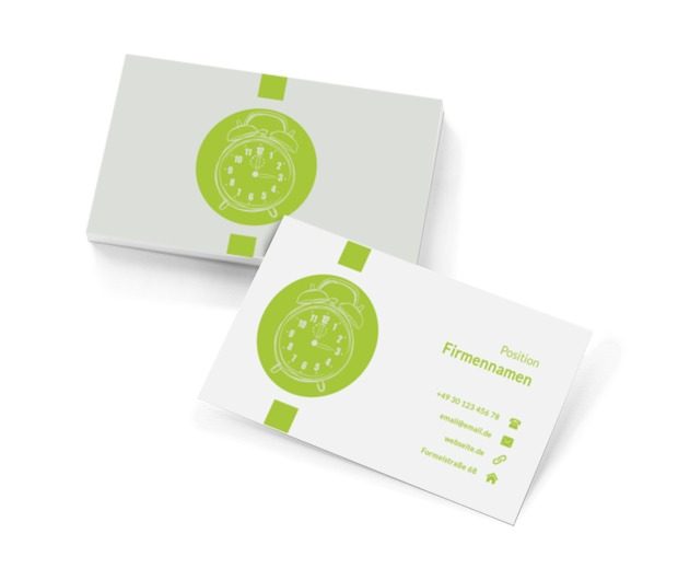 Weißer Wecker auf einem grünen Hintergrund, Verkauf, Uhrmacher - Visitenkarten Netprint Online Vorlagen